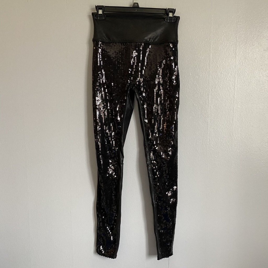 Spanx Faux Leather Sequin Leggings Black #20189 Size Small